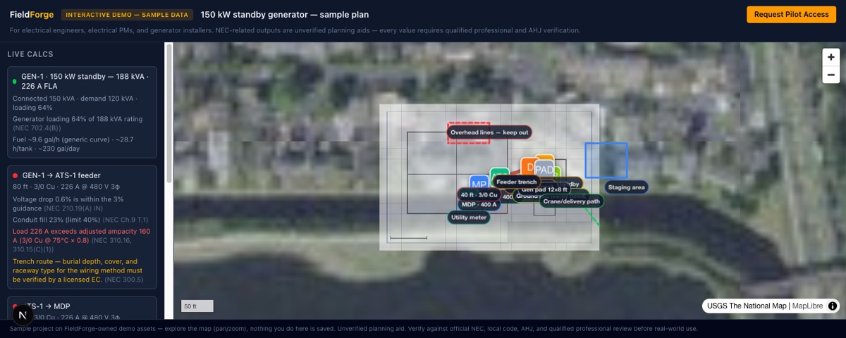 FieldForge planner: site plan overlaid on aerial imagery with equipment and routes