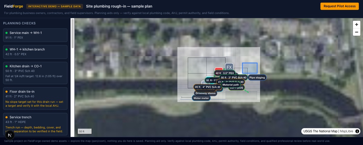 Plumbing planner: service main, drains, trench and sleeve over aerial imagery